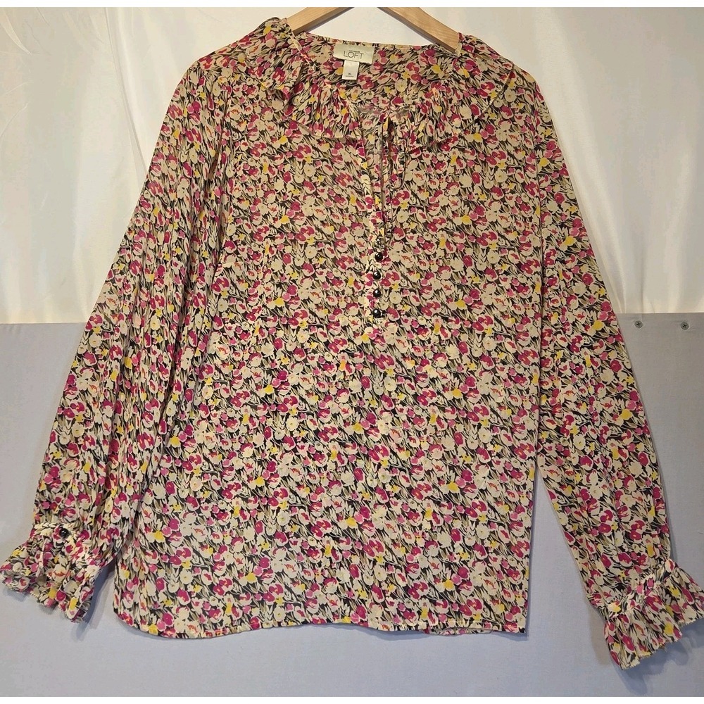 Ann Taylor LOFT XL Floral Blouse Ruffle Neck Tie Front V-Neck Button Sheer Long